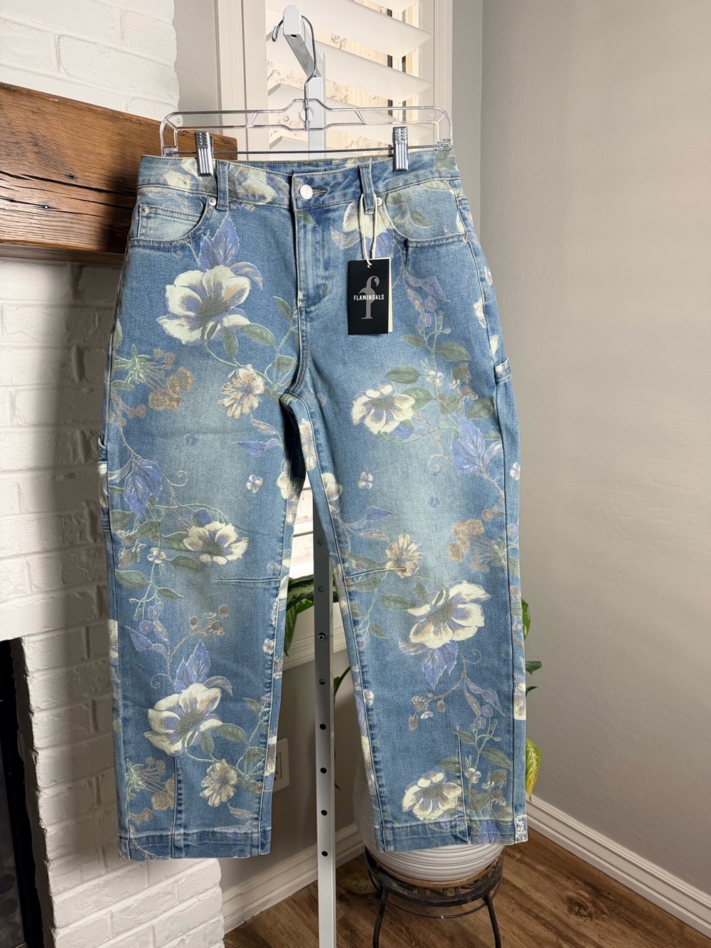 Flamingals Flap Pocket Floral High Waist Barrel Leg Carpenter Jeans - Picture 5 of 8